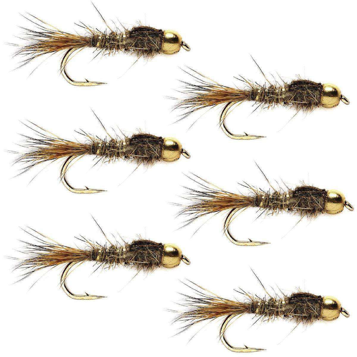 Bead Head Nymph Fly Fishing Flies - Gold Ribbed Hare's Ear Trout Fly - Nymph Wet Fly - 6 Flies Hook Size 14 - Skoutley Outdoors LLC