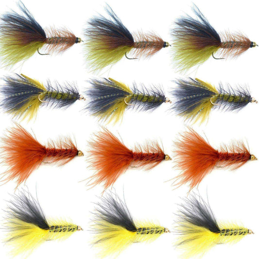 Bead Head Crystal Woolly Bugger Streamer Flies - Set of 12 Bass and Trout Flies - Hook Size 4 - Skoutley Outdoors LLC