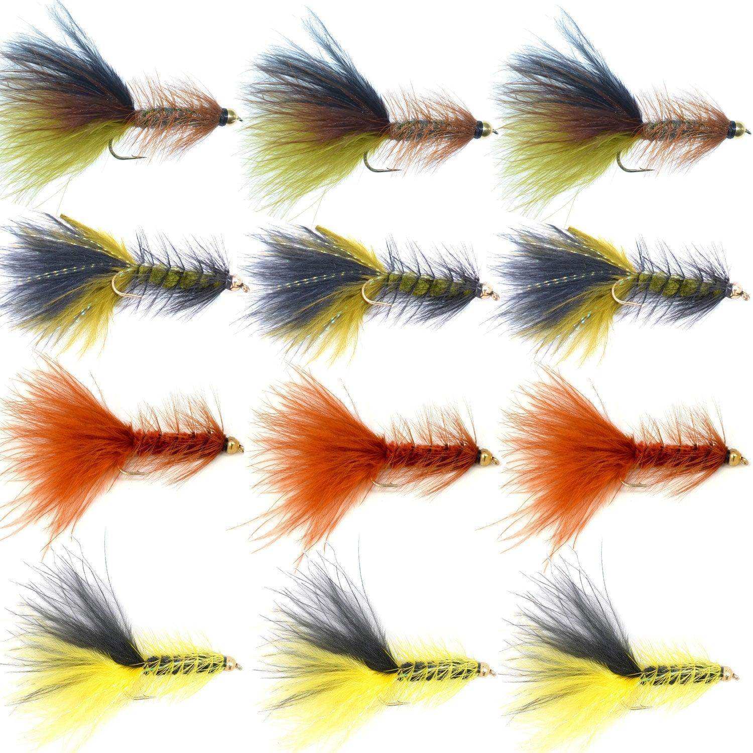 Bead Head Crystal Woolly Bugger Streamer Flies - Set of 12 Bass and Trout Flies - Hook Size 8 - Skoutley Outdoors LLC