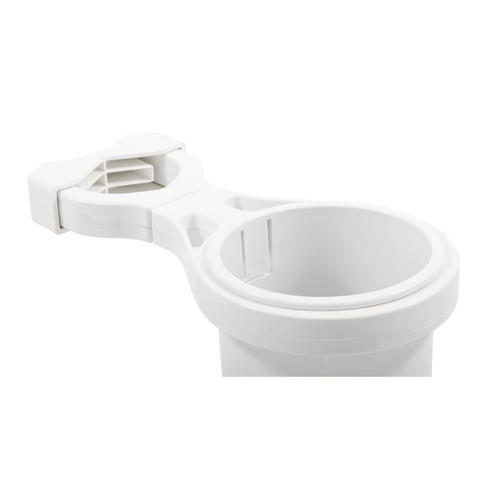 Camco Clamp-On Rail Mounted Cup Holder - Small for Up to 1-1/4" Rail - White - Skoutley Outdoors LLC