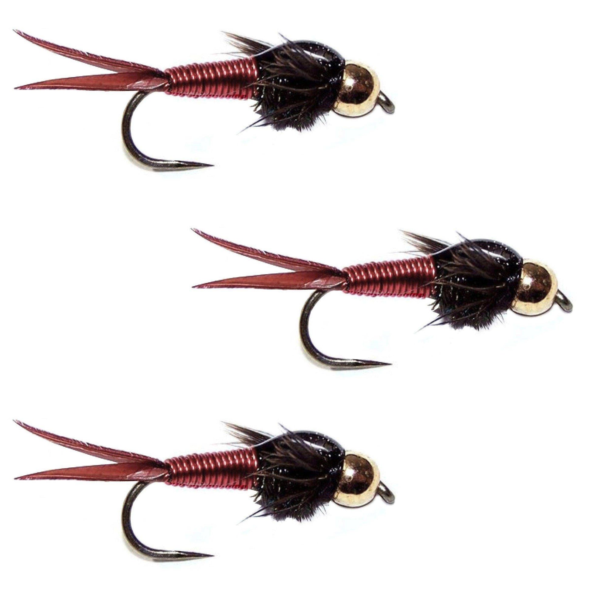 3 Pack Barbless Bead Head Red Copper John Nymph Fly Fishing Flies - Hook Size 12 - Skoutley Outdoors LLC