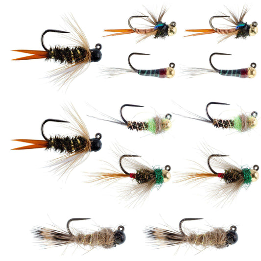 Tactical Czech Nymph Fly Fishing Flies Collection - One Dozen Tungsten Bead Euro Nymphing Fly Assortment - 2 Each of 6 Patterns - Hook Sizes 12, 14 and 16 - Skoutley Outdoors LLC