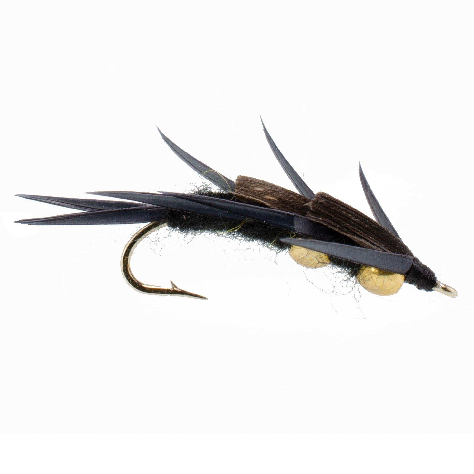 Double Bead Black Stone Fly with Black Biot Legs - Stonefly Wet Fly - 6 Flies Hook Size 6 - Skoutley Outdoors LLC