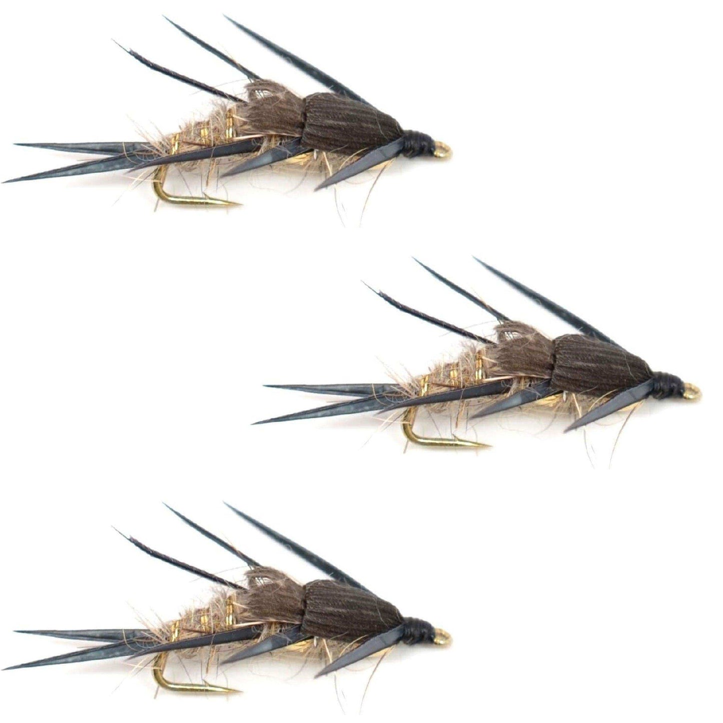 3 Pack Double Bead Black Biot Legs Gold Ribbed Hare's Ear Nymph Fly Fishing Flies Hook Size 10 - Skoutley Outdoors LLC