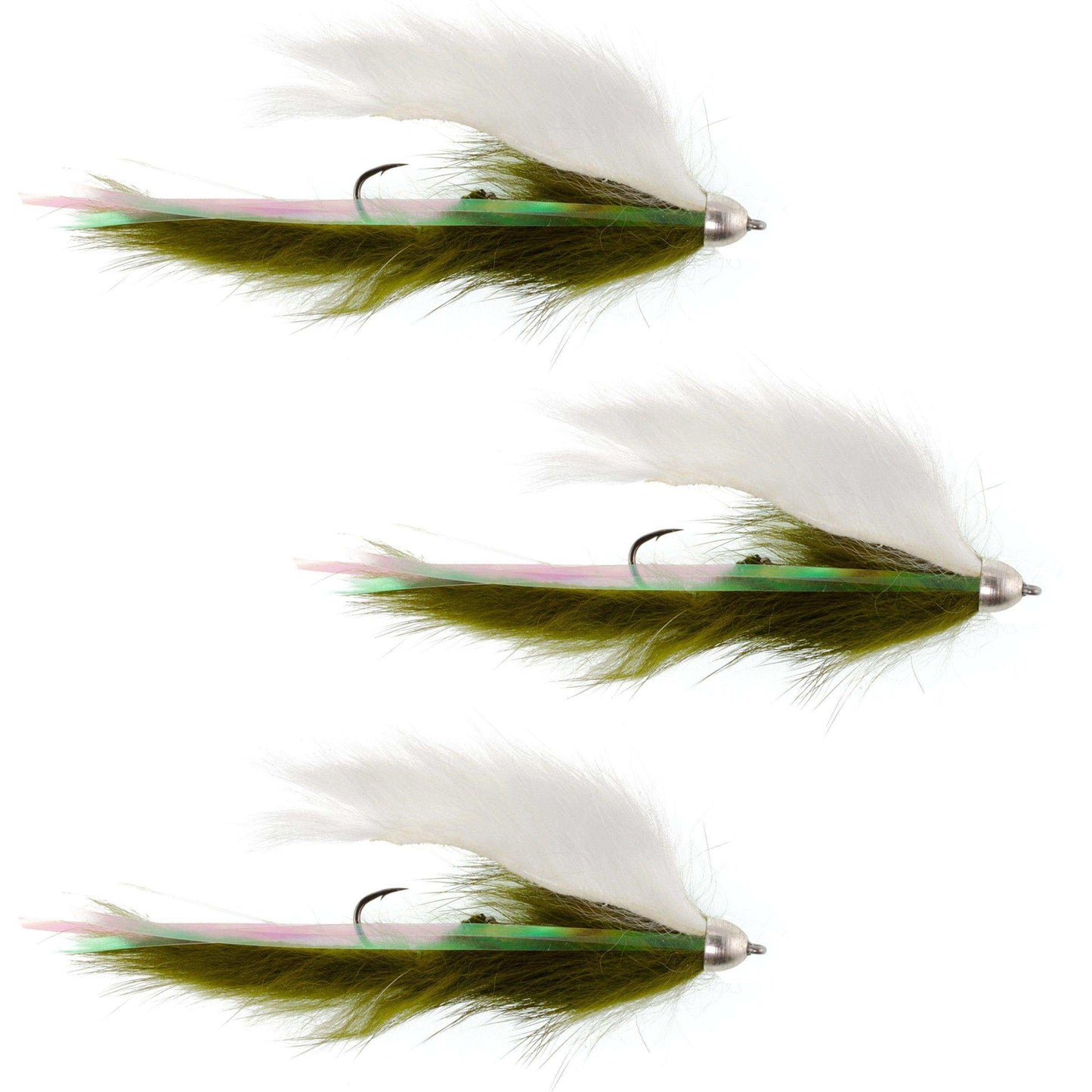 Dolly Llama Stinger Streamer Flies - 3 Olive and White Steelhead Trout Alaska Fly Fishing Flies - Hook Size 4 - Skoutley Outdoors LLC