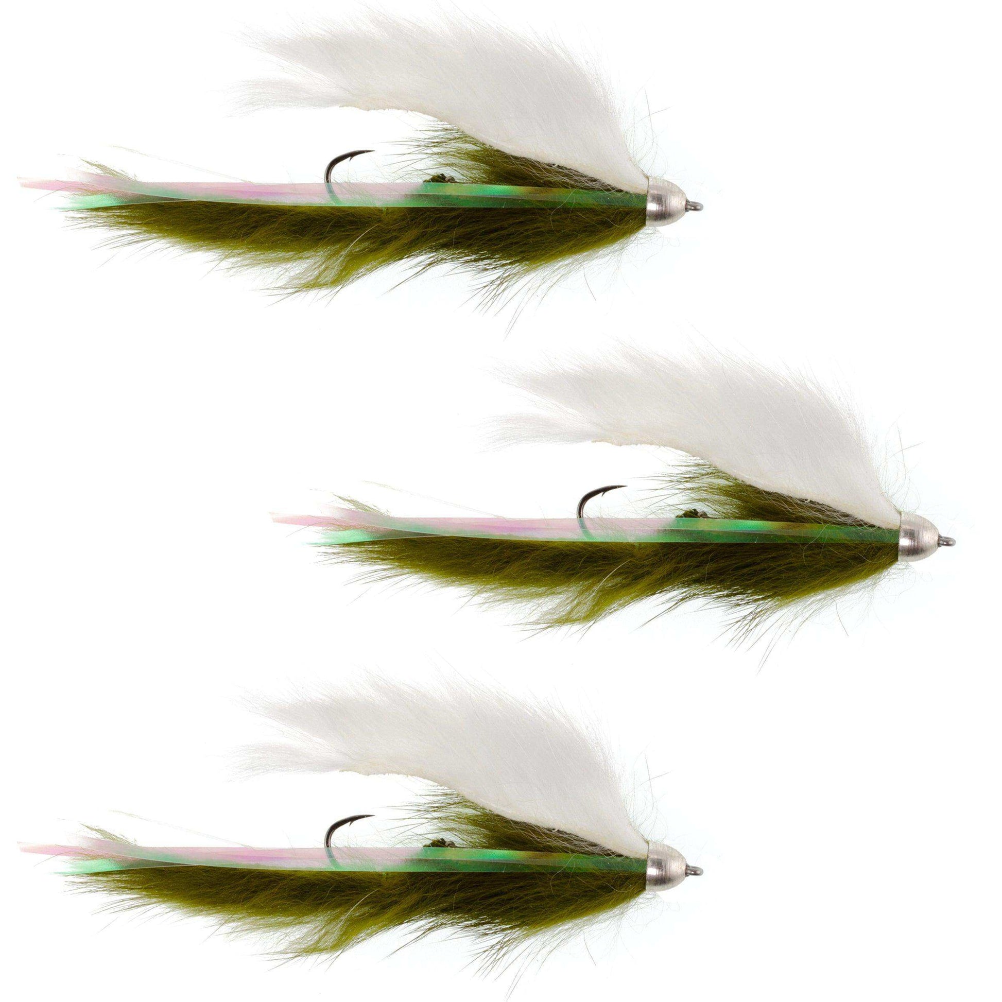 Dolly Llama Stinger Streamer Flies - 3 Olive and White Steelhead Trout Alaska Fly Fishing Flies - Hook Size 4 - Skoutley Outdoors LLC