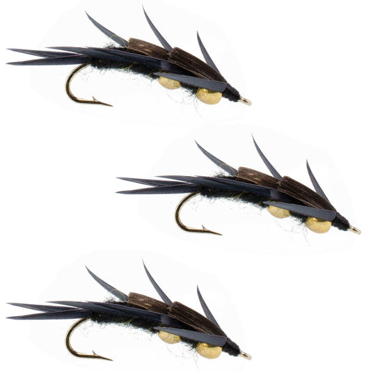 3 Pack Double Bead Black Stone Fly with Black Biot Legs - Stonefly Wet Fly - Hook Size 12 - Skoutley Outdoors LLC