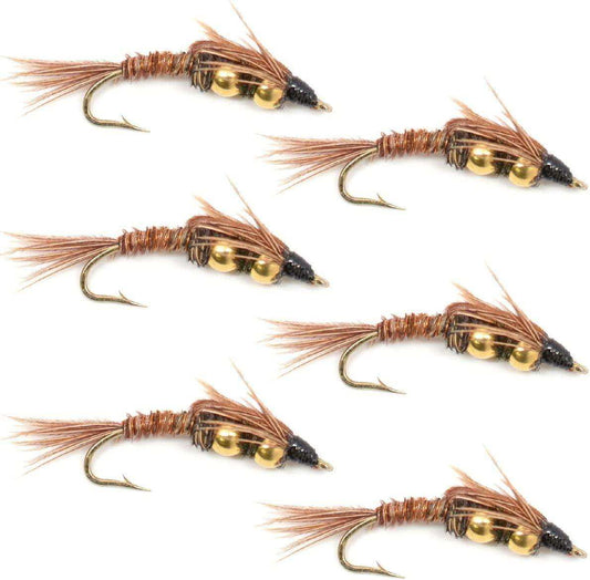 Double Bead Pheasant Tail Nymph Fly Fishing Flies - 6 Flies Hook Size 12 - Skoutley Outdoors LLC