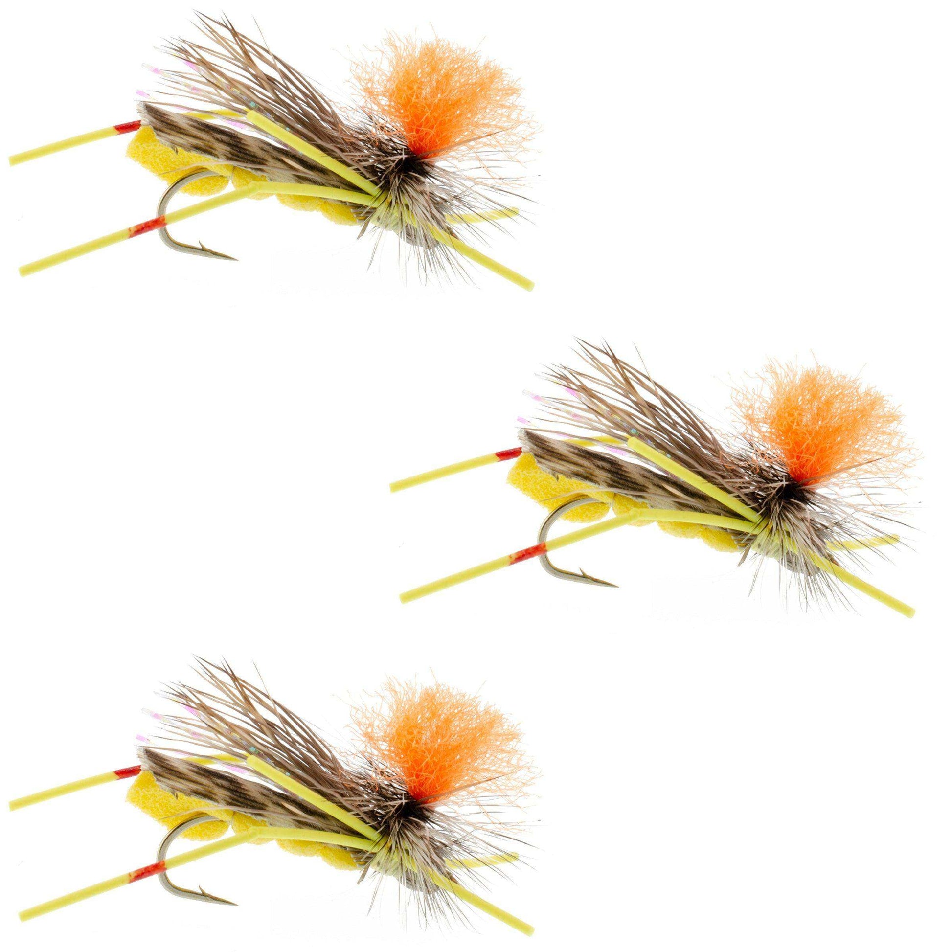 3 Pack Feth Hopper Yellow - Foam Grasshopper Fly Pattern - Hook Size 10 - Skoutley Outdoors LLC