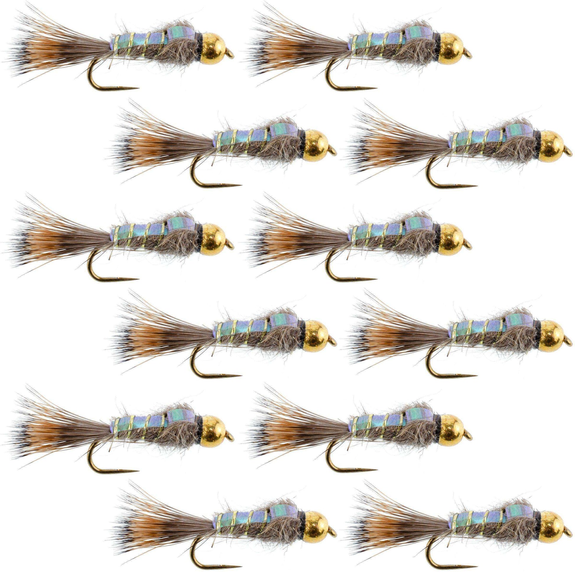 Barbless Bead Head Flash Back Gold Ribbed Hare's Ear Nymph 1 Dozen Flies Hook Size 10 - Skoutley Outdoors LLC