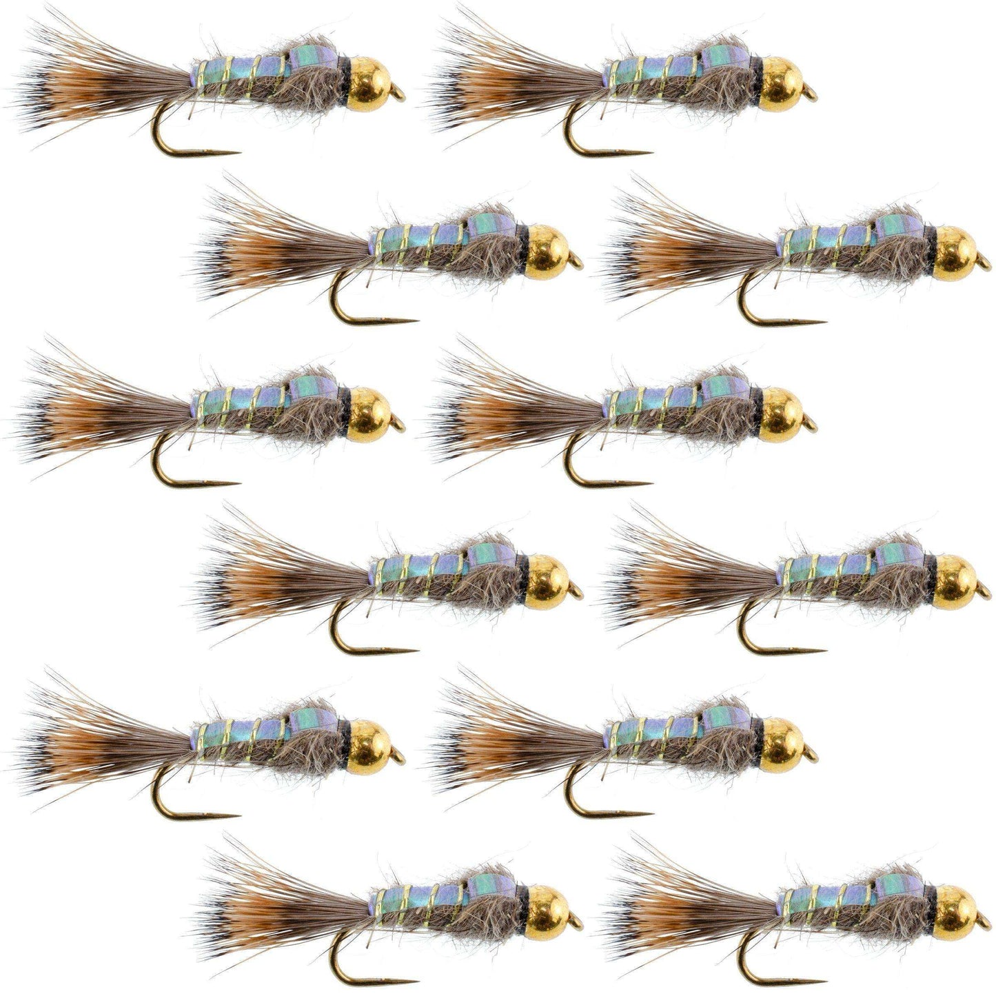 Barbless Bead Head Flash Back Gold Ribbed Hare's Ear Nymph 1 Dozen Flies Hook Size 14 - Skoutley Outdoors LLC