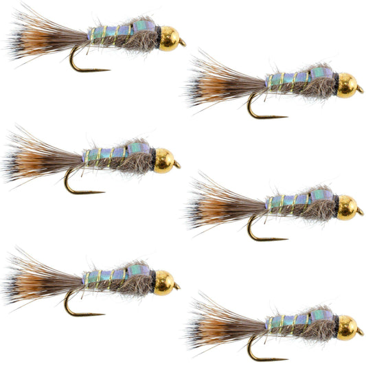 Barbless Bead Head Flash Back Gold Ribbed Hare's Ear Nymph 6 Flies Hook Size 10 - Skoutley Outdoors LLC