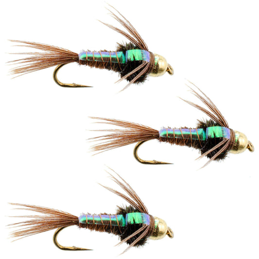 3 Pack Bead Head Flashback Pheasant Tail Nymph Fly Fishing Flies Hook Size 16 - Skoutley Outdoors LLC