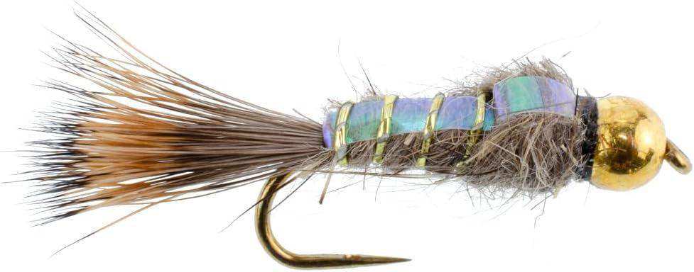 Barbless Bead Head Flash Back Gold Ribbed Hare's Ear Nymph 1 Dozen Flies Hook Size 10 - Skoutley Outdoors LLC