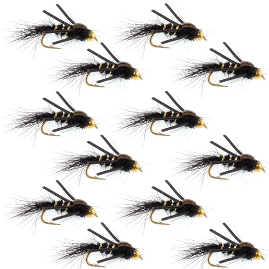 Tungsten Bead Head Rubber Legs Black Gold-Ribbed Hare's Ear Trout Fly Nymph - 1 Dozen Flies Hook Size 16 - Skoutley Outdoors LLC