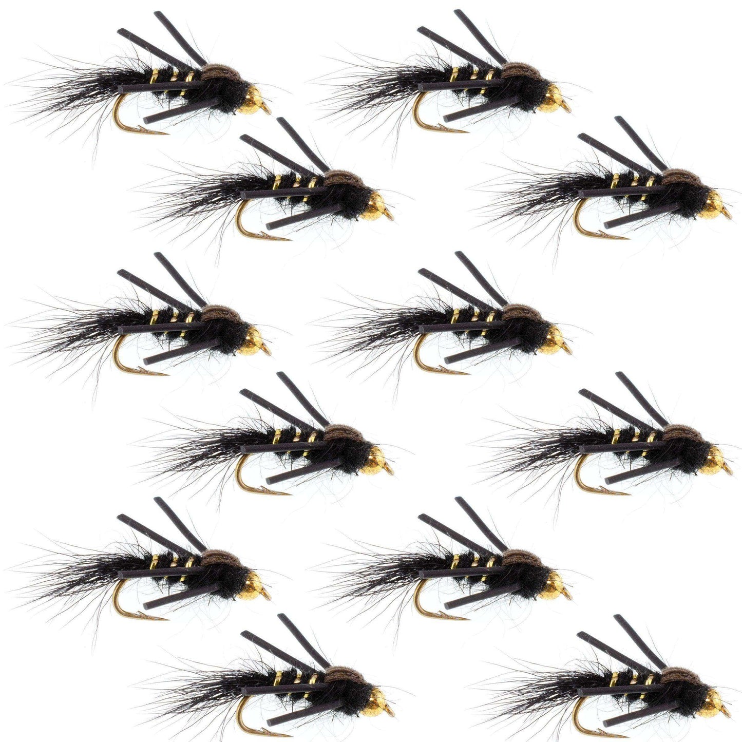 Tungsten Bead Head Rubber Legs Black Gold-Ribbed Hare's Ear Trout Fly Nymph - 1 Dozen Flies Hook Size 12 - Skoutley Outdoors LLC