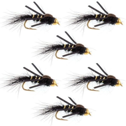 Tungsten Bead Head Rubber Legs Black Gold-Ribbed Hare's Ear Trout Fly Nymph - 6 Flies Hook Size 16 - Skoutley Outdoors LLC