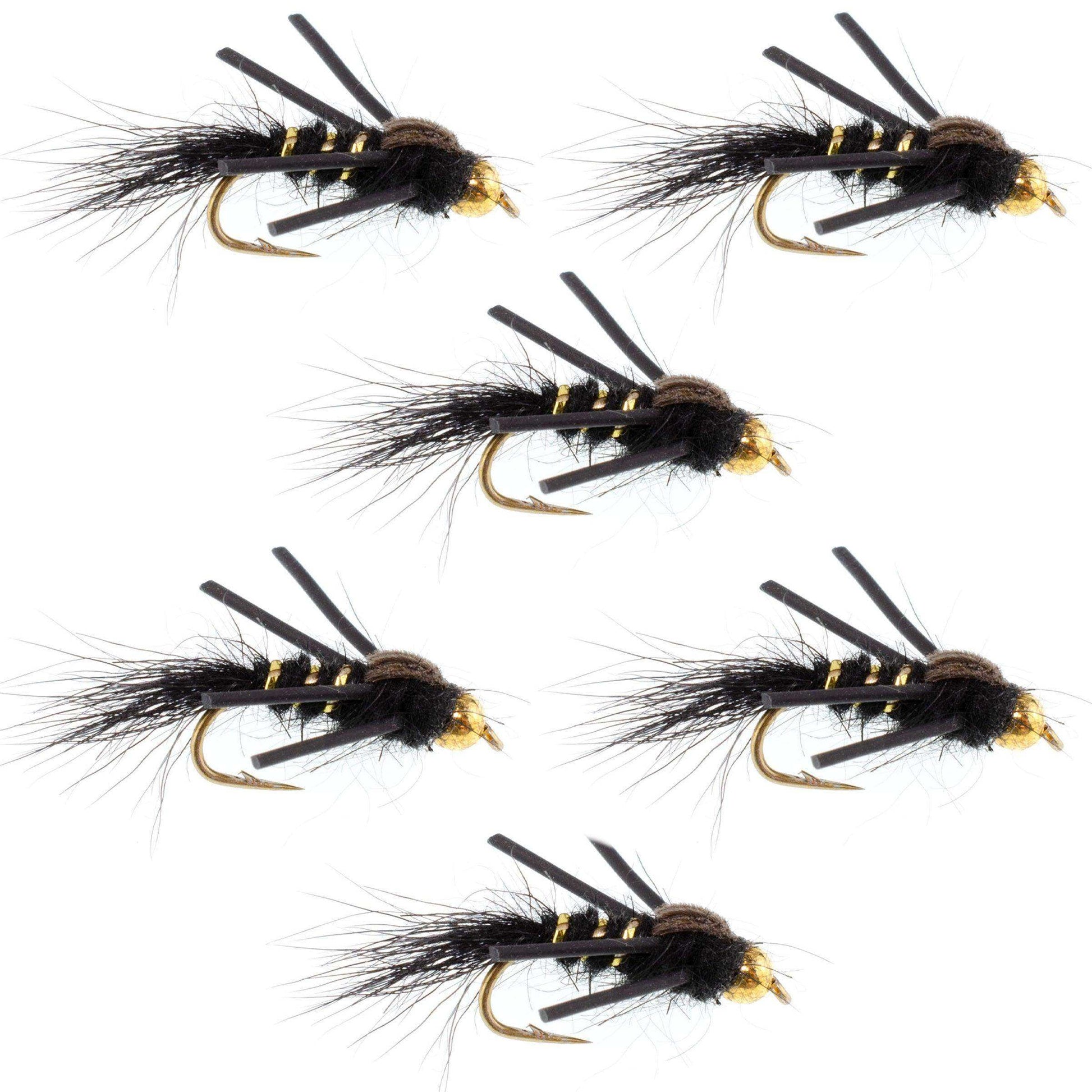 Tungsten Bead Head Rubber Legs Black Gold-Ribbed Hare's Ear Trout Fly Nymph - 6 Flies Hook Size 14 - Skoutley Outdoors LLC