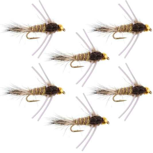 Tungsten Bead Head Rubber Legs Natural Gold-Ribbed Hare's Ear Trout Fly Nymph - 6 Flies Hook Size 14 - Skoutley Outdoors LLC