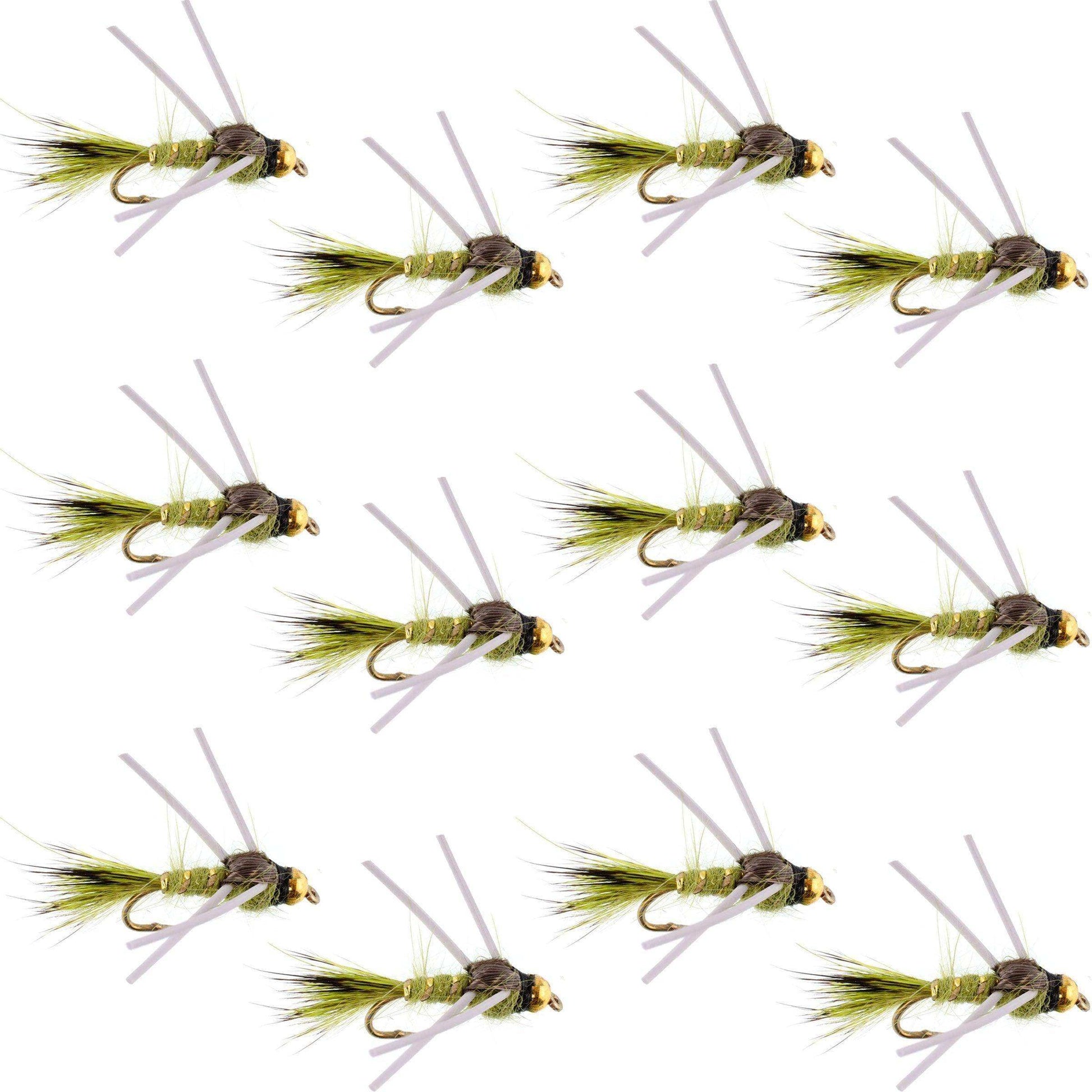 Tungsten Bead Head Rubber Legs Olive Gold-Ribbed Hare's Ear Trout Fly Nymph - 1 Dozen Flies Hook Size 16 - Skoutley Outdoors LLC