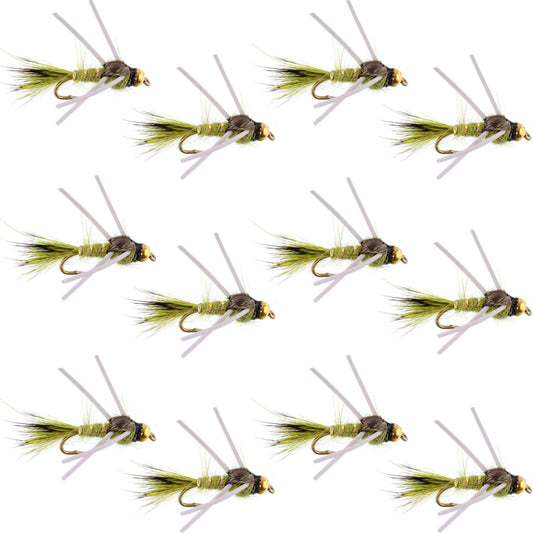 Tungsten Bead Head Rubber Legs Olive Gold-Ribbed Hare's Ear Trout Fly Nymph - 1 Dozen Flies Hook Size 16 - Skoutley Outdoors LLC