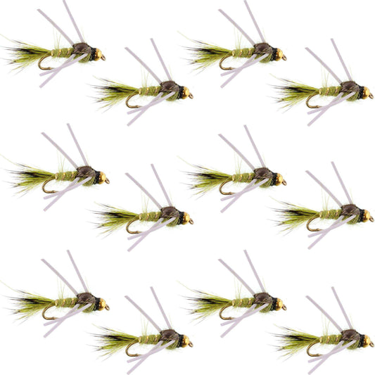 Tungsten Bead Head Rubber Legs Olive Gold-Ribbed Hare's Ear Trout Fly Nymph - 1 Dozen Flies Hook Size 14 - Skoutley Outdoors LLC