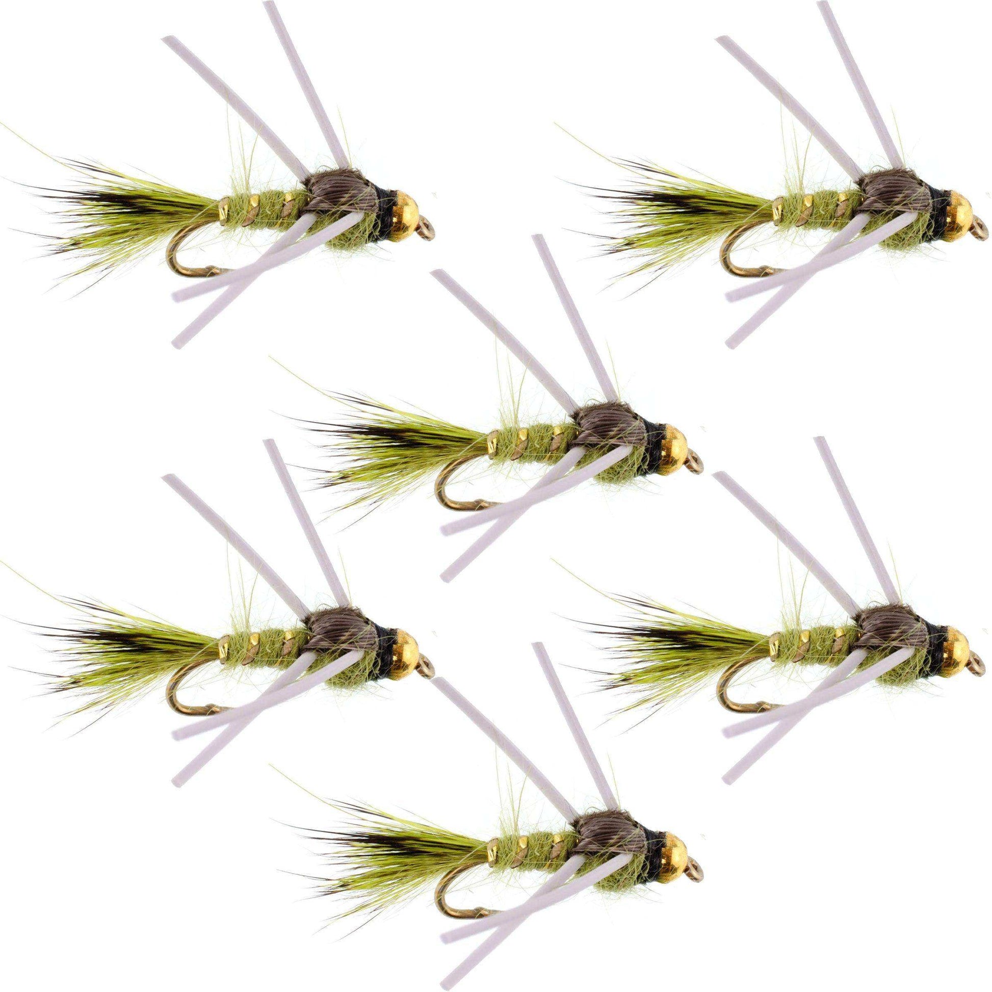 Tungsten Bead Head Rubber Legs Olive Gold-Ribbed Hare's Ear Trout Fly Nymph - 6 Flies Hook Size 12 - Skoutley Outdoors LLC