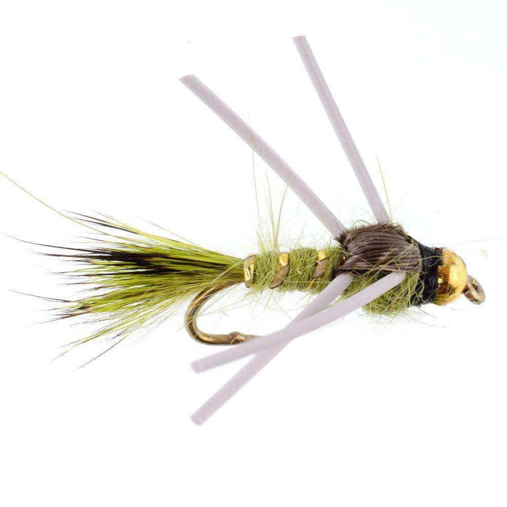 Tungsten Bead Head Rubber Legs Olive Gold-Ribbed Hare's Ear Trout Fly Nymph - 6 Flies Hook Size 12 - Skoutley Outdoors LLC