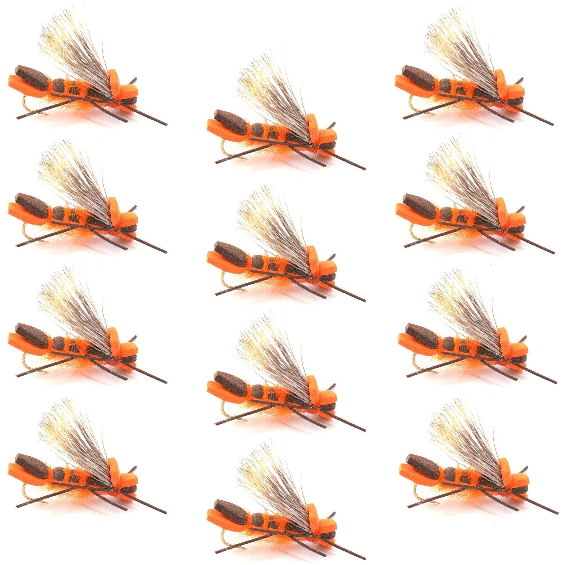 Orange Godzilla Hopper - Foam Grasshopper or Adult Salmonfly Fly Pattern - 1 Dozen Flies Hook Size 10 - Skoutley Outdoors LLC