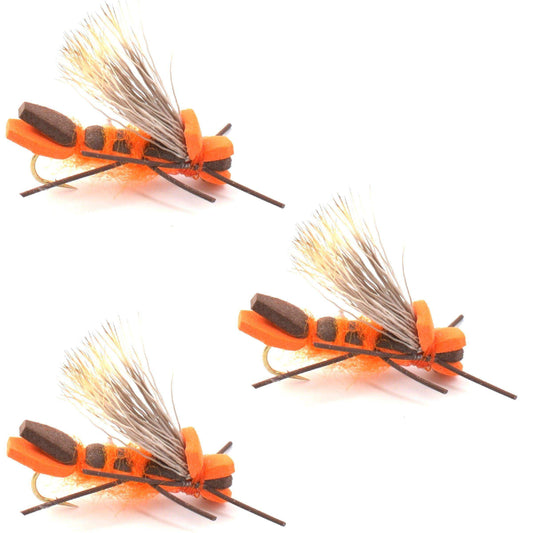 3 Pack Orange Godzilla Hopper - Foam Grasshopper or Adult Salmonfly Fly Pattern - Hook Size 10 - Skoutley Outdoors LLC