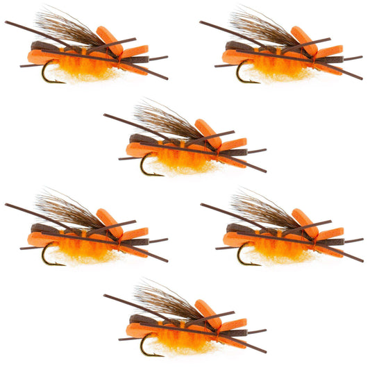 Orange Godzilla Hopper - Foam Grasshopper or Adult Salmonfly Fly Pattern - 6 Flies Hook Size 10 - Skoutley Outdoors LLC