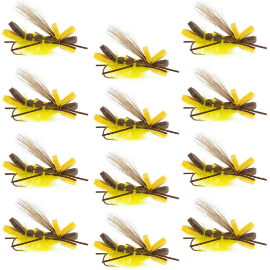 Yellow Godzilla Hopper - Foam Grasshopper or Adult Salmonfly Fly Pattern - 1 Dozen Flies Hook Size 10 - Skoutley Outdoors LLC