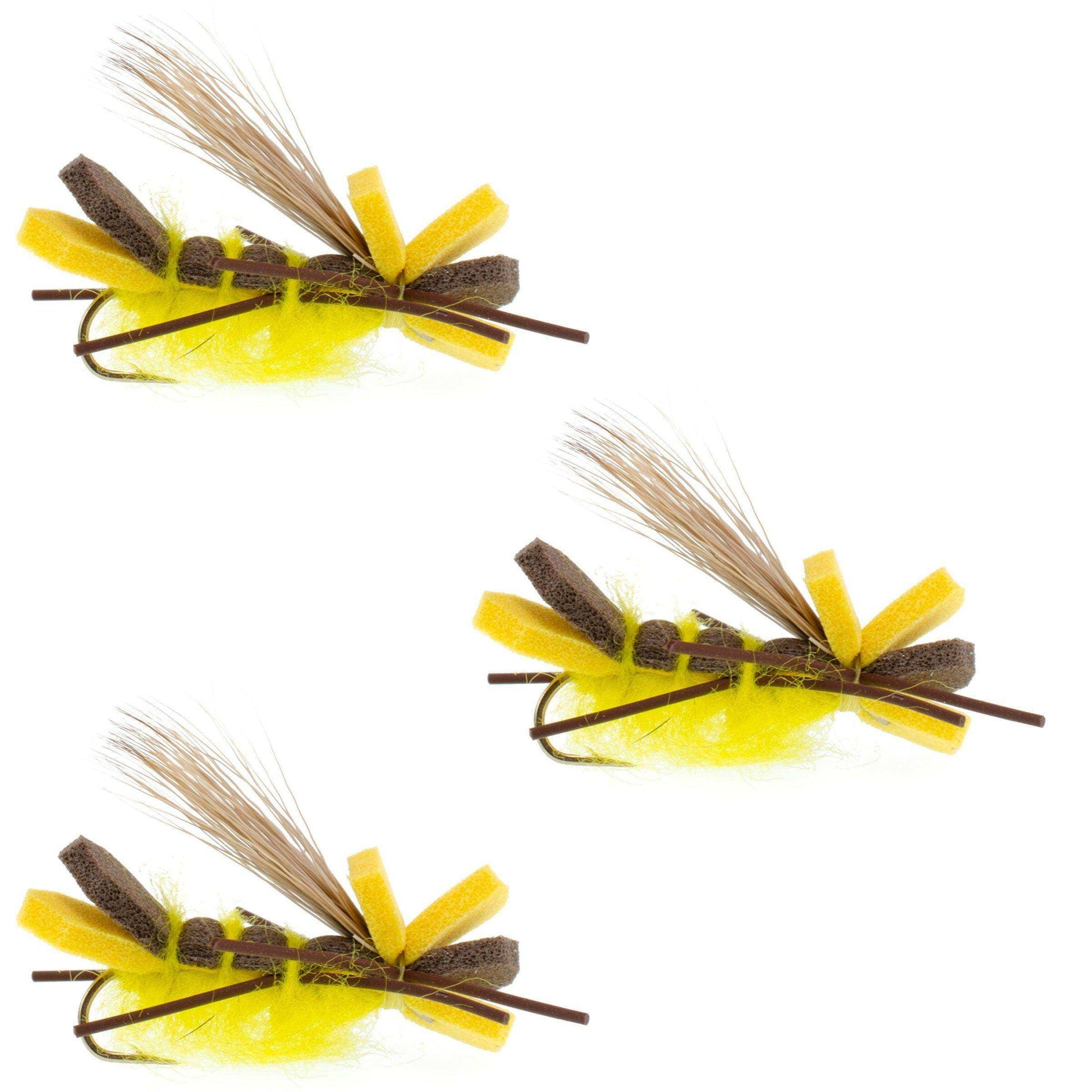 3 Pack Yellow Godzilla Hopper - Foam Grasshopper or Adult Salmonfly Fly Pattern - Hook Size 10 - Skoutley Outdoors LLC