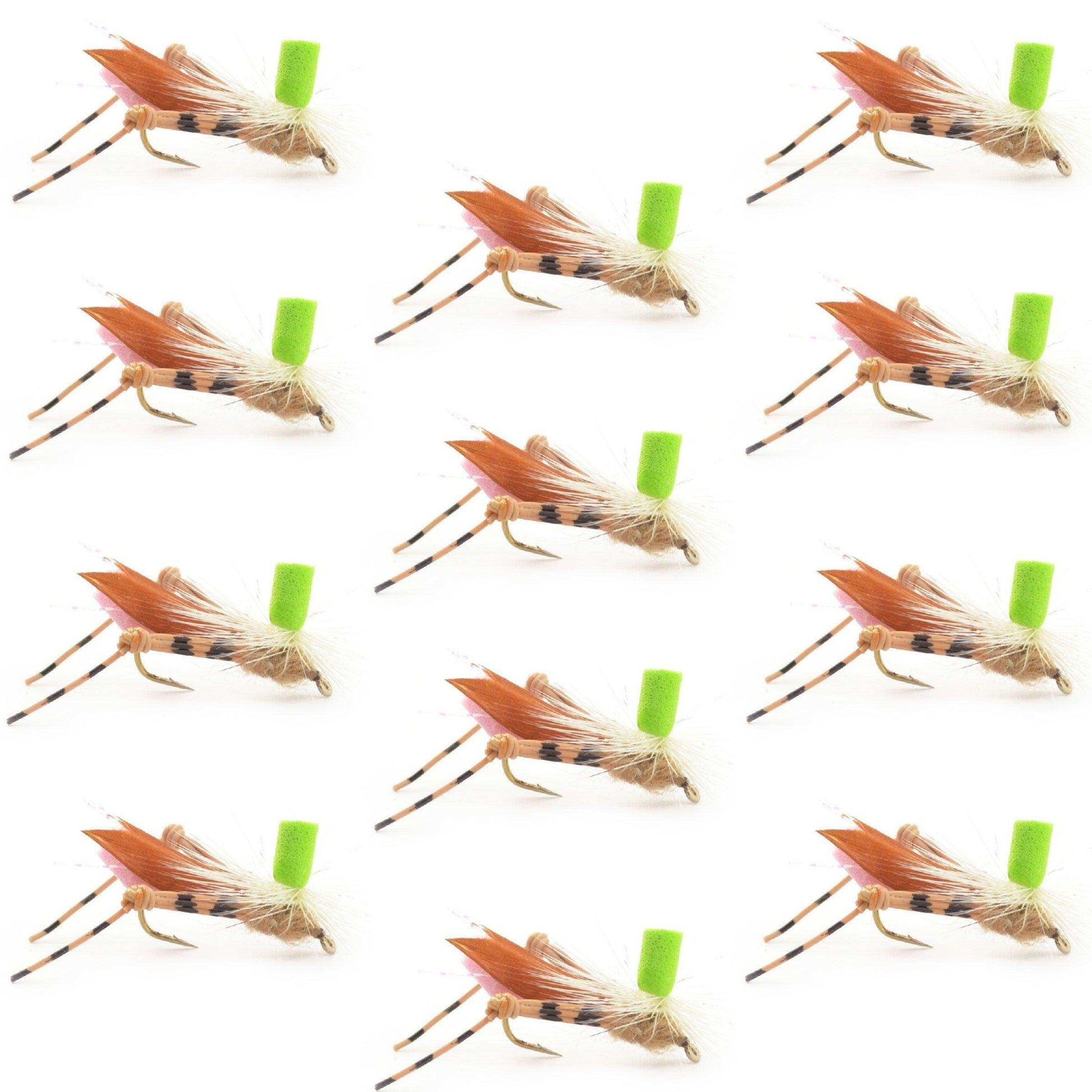 Green Top Hopper Foam Body Grasshopper Fly - 1 Dozen Flies Hook Size 10 - Skoutley Outdoors LLC