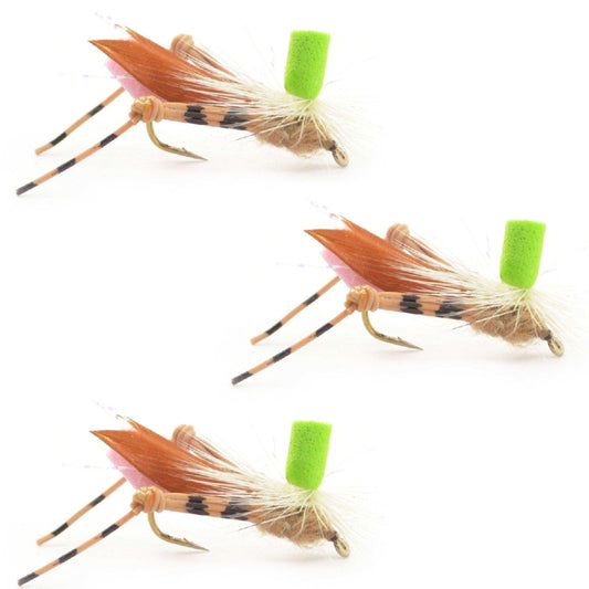 3 Pack Green Top Hopper Foam Body Grasshopper Fly - Hook Size 10 - Skoutley Outdoors LLC