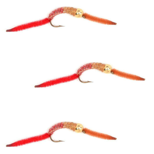 3 Pack San Juan Bead Head Power Worm Half Brown Half Red V-Rib - Hook Size 10 - Skoutley Outdoors LLC