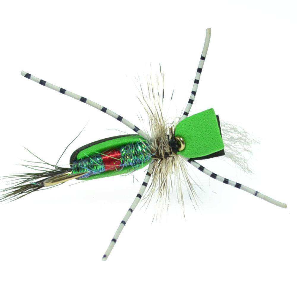 Hippie Stomper Black Green Foam Body Grasshopper Dry Fly - 4 Flies Size 10 - Skoutley Outdoors LLC