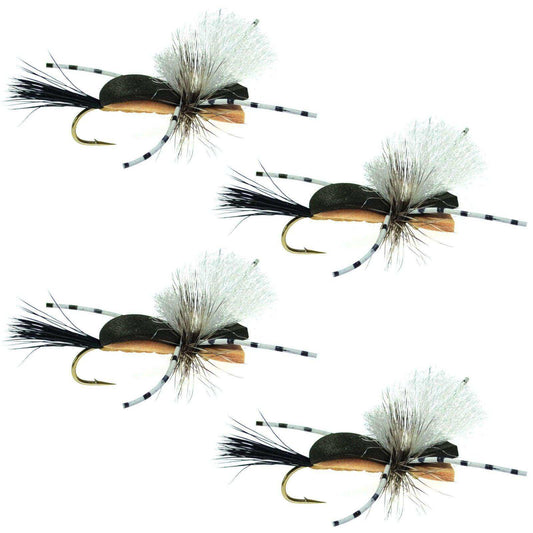 Hippie Stomper Black Tan Foam Body Grasshopper Dry Fly - 4 Flies Size 10 - Skoutley Outdoors LLC