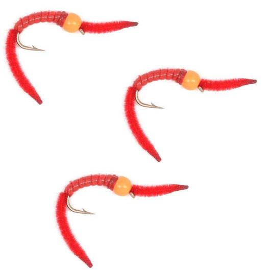 3 Pack San Juan Power Worm Hot Head Orange Bead Red V-Rib - Hook Size 10 - Skoutley Outdoors LLC