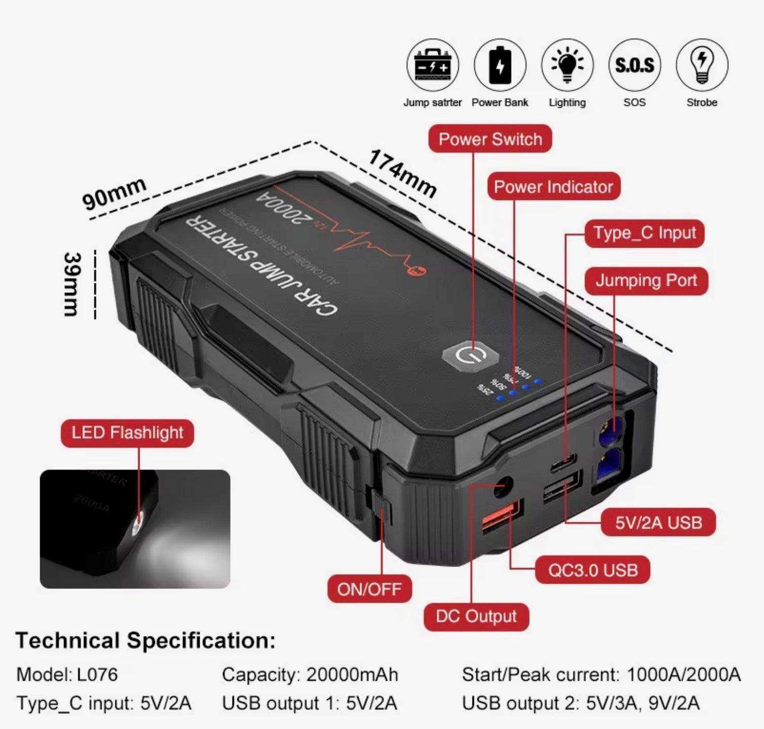 2000A Car Jump Starter Booster Jumper Box Power Bank Battery Charger Portable US - Skoutley Outdoors LLC