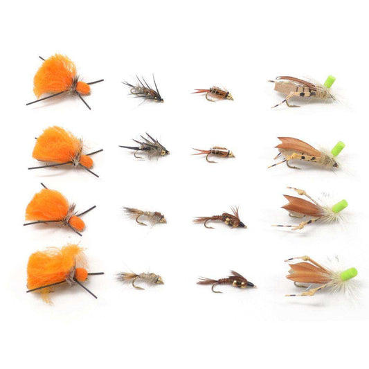 Trout Fly Assortment - Dry Fly Nymph Dropper Indie Tandem Fly Fishing Rig Collection - 16 Flies - Indicator Dry Flies and Dropper Nymphs - Skoutley Outdoors LLC