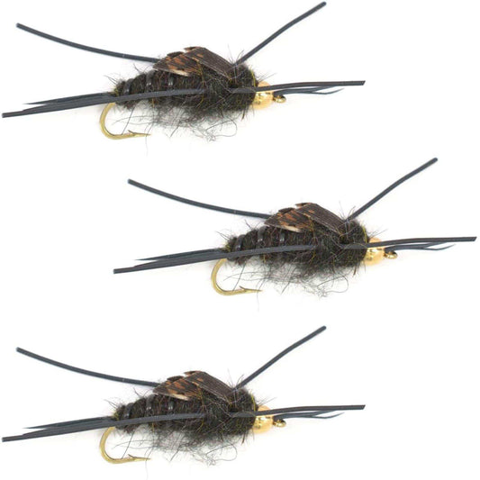 3 Pack Gold Bead Kaufmann's Black Stone Fly with Rubber Legs - Stonefly Wet Fly - Hook Size 12 - Skoutley Outdoors LLC