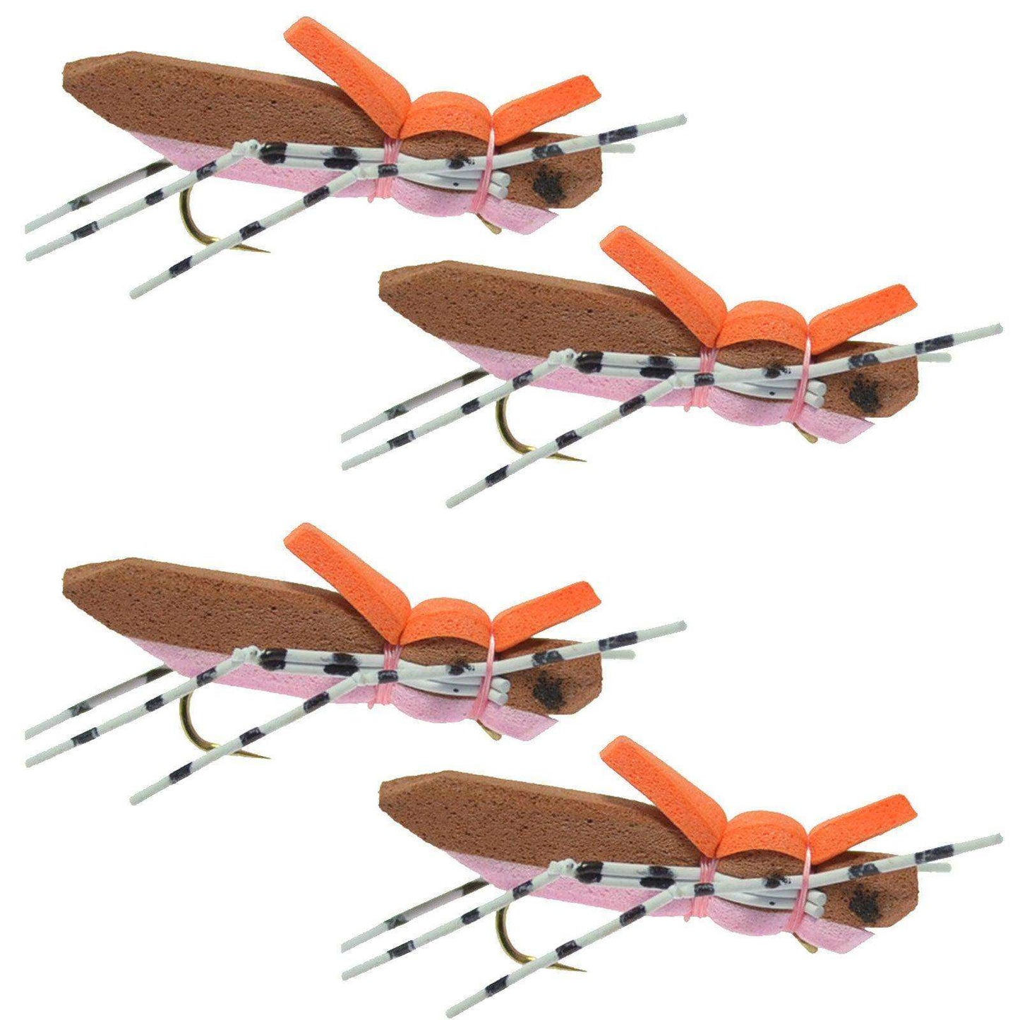 4 Pack Moorish Hopper Brown Pink Foam Body Grasshopper Fly - Hook Size 10 - Skoutley Outdoors LLC