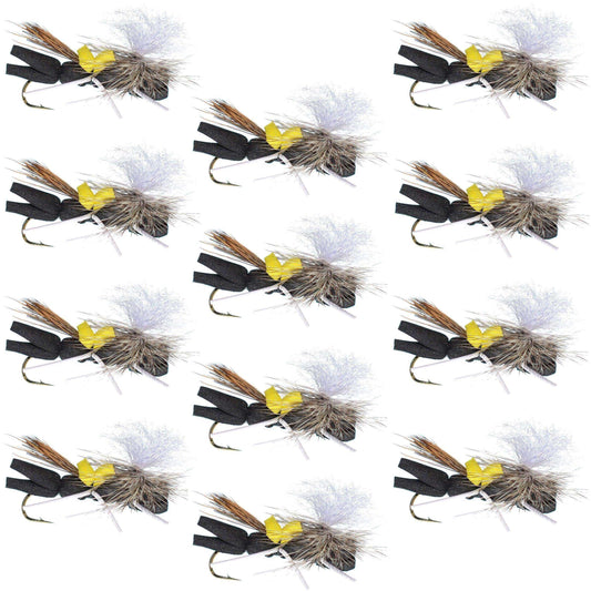 Parachute Chernobyl Ant Black Yellow Top Foam Body Grasshopper Fly 1 Dozen Flies Hook Size 10 - Skoutley Outdoors LLC