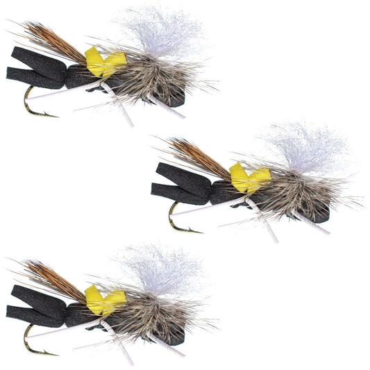 3 Pack Parachute Chernobyl Ant Black Yellow Top Foam Body Grasshopper Fly Hook Size 10 - Skoutley Outdoors LLC