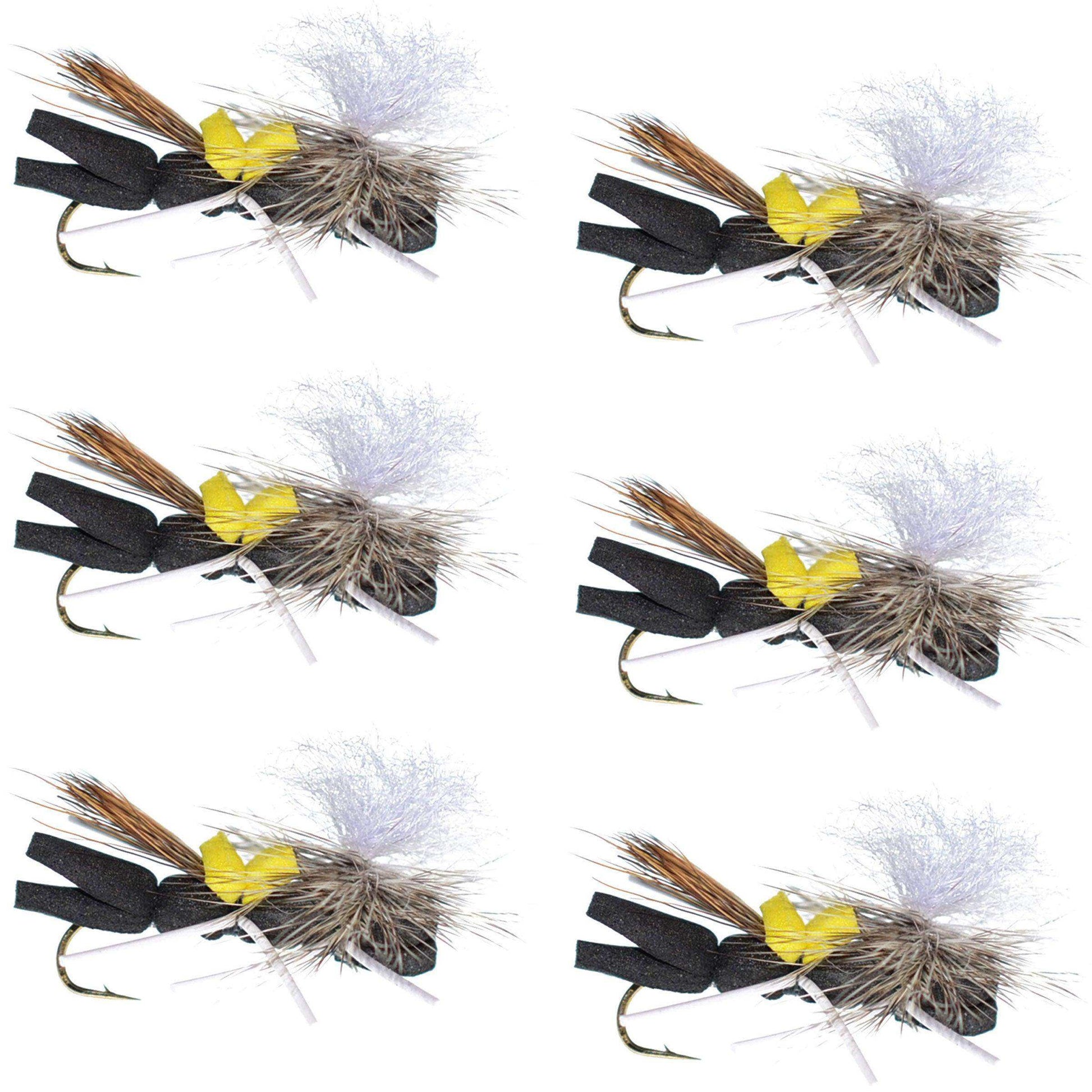 Parachute Chernobyl Ant Black Yellow Top Foam Body Grasshopper Fly 6 Flies Hook Size 10 - Skoutley Outdoors LLC