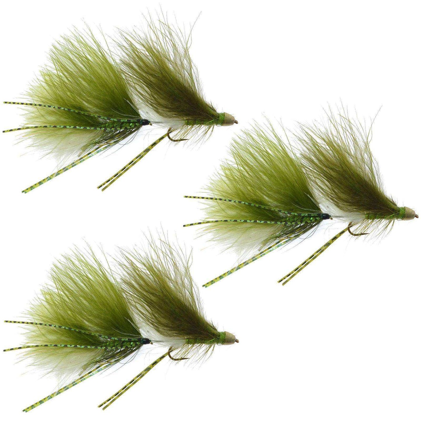 Circus Peanut Envy Streamer Olive/White - Size 6 - Articulated - Set of 3 - Hook Size 6 - Skoutley Outdoors LLC