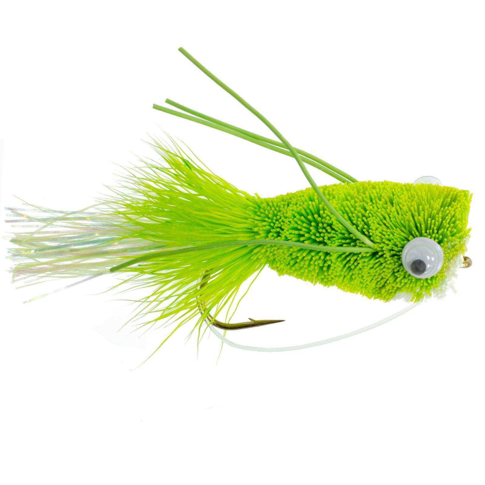 3 Pack Flashtail Bass Popper Size 6 - Chartreuse Bass Fly Fishing Bug Wide Gape Bass Hooks With Weed Guard - Skoutley Outdoors LLC