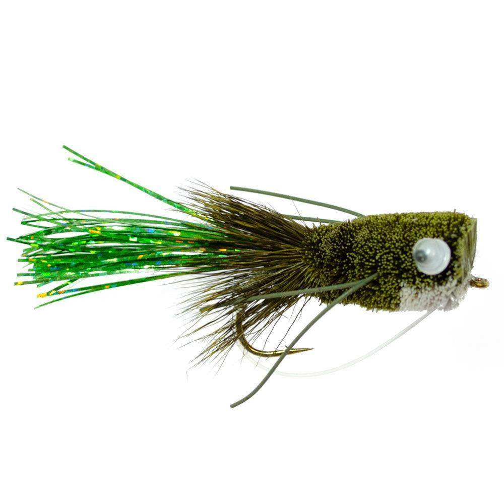 3 Pack Flashtail Bass Popper Size 8 - Olive Bass Fly Fishing Bug Wide Gape Bass Hooks With Weed Guard - Skoutley Outdoors LLC