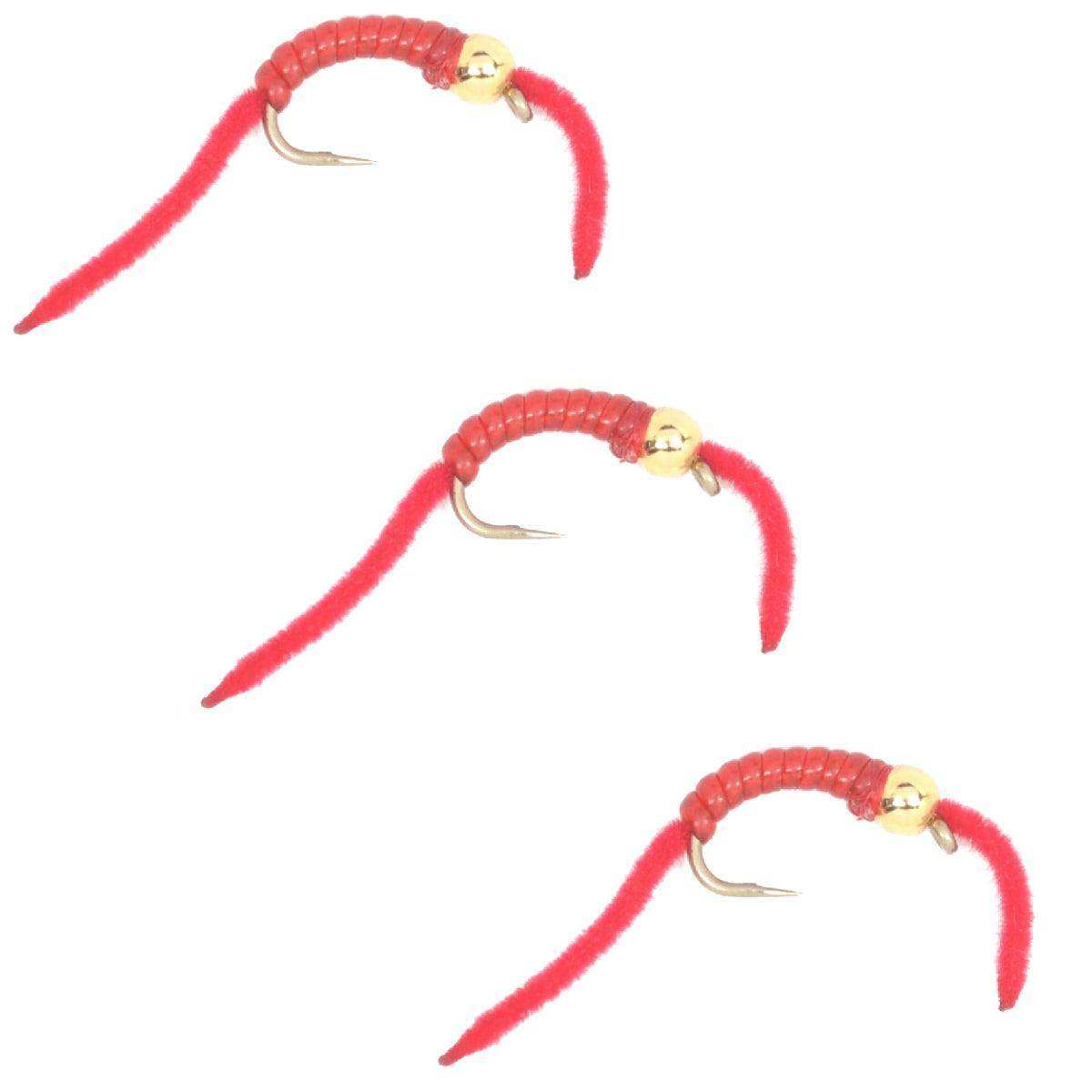 3 Pack San Juan Power Worm Gold Bead Head Red V-Rib - Hook Size 10 - Skoutley Outdoors LLC